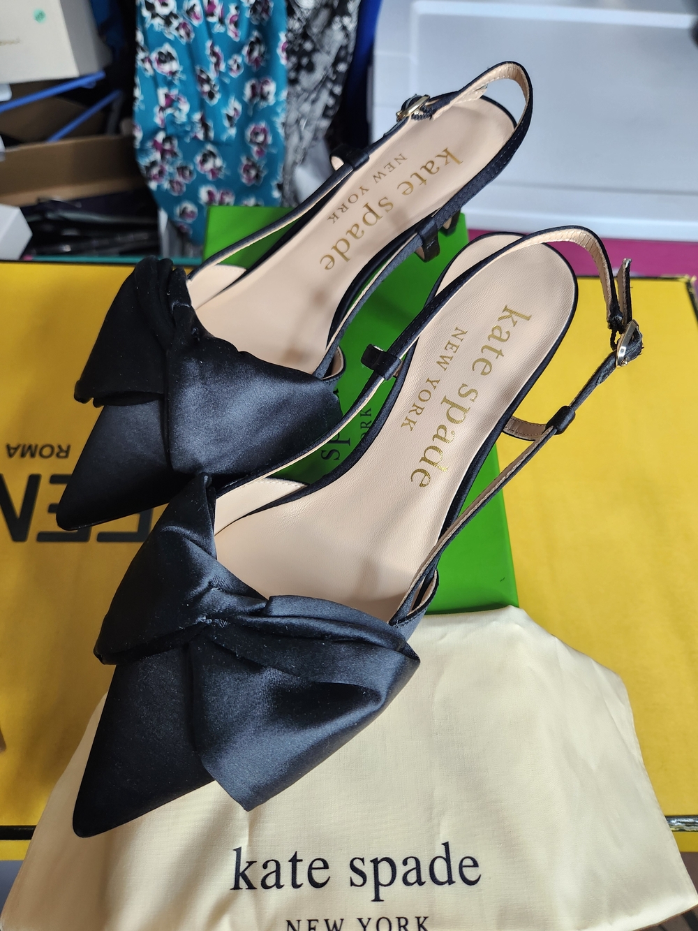 kate spade Black Satin Bow Slingback Flats